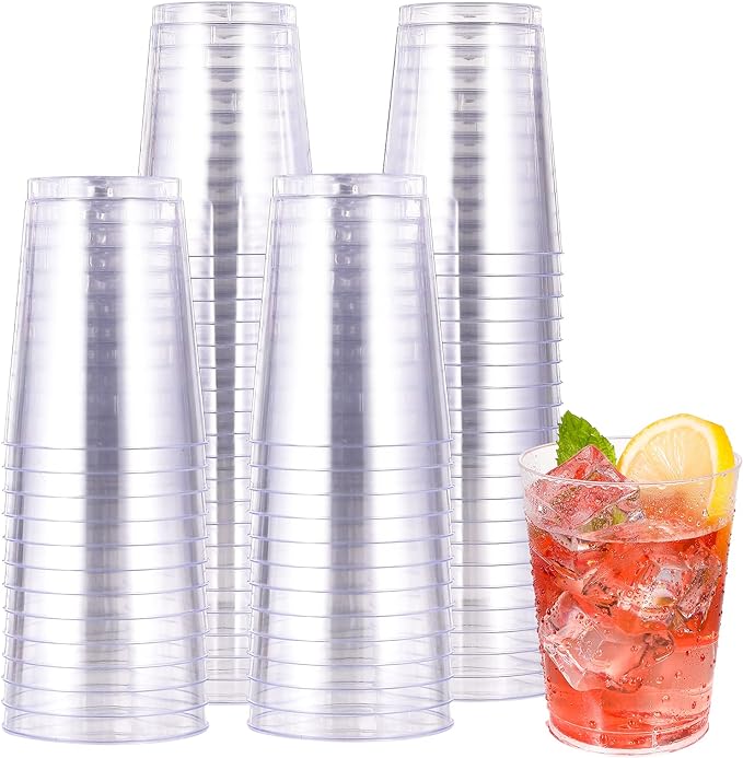 JOLLY CHEF 10 oz Clear Disposable Plastic Cups 100 Pack Clear Plastic Cups Tumblers, Heavy-duty Party Glasses, Disposable Cups for Thanksgiving, Party,Fathers Day