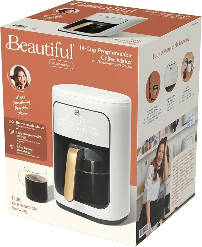 Beautiful 14-Cup Programmable Coffee Maker with Touch-Activated Display – Brew Hot Coffee Fast, Keep Warm & Auto-Pause (White Icing)