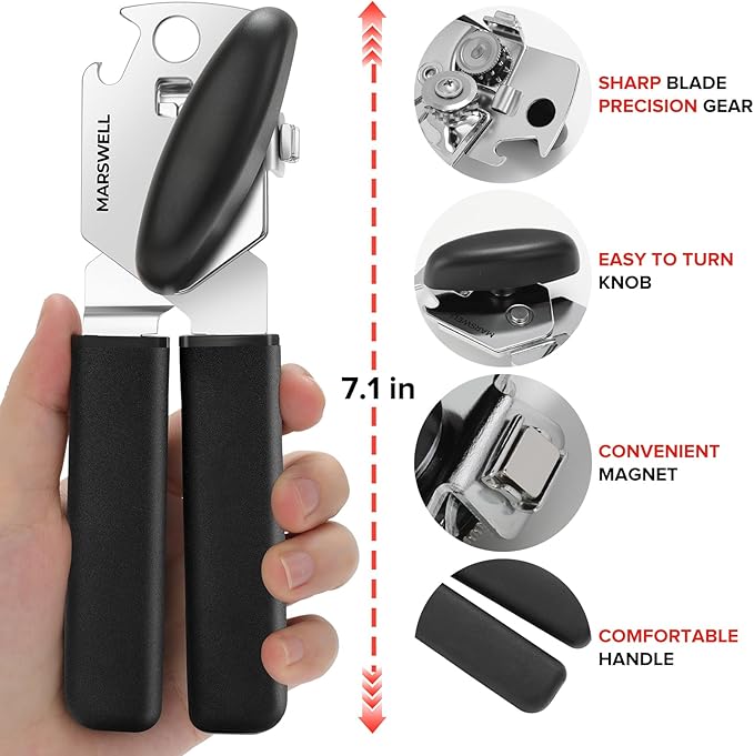 Can Opener Manual, MARSWELL Comfy Grip Can Opener Hand Held with Magnetic Lifter, Smooth Cutting Sharp Blade, Manual CanOpener for Seniors with Easy Turn Knob, Black