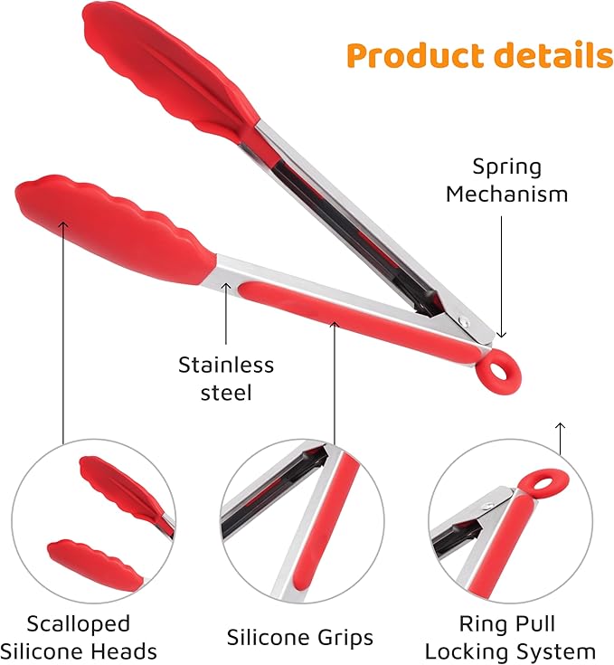 Popco 3-Piece Kitchen Tongs Set – Stainless Steel Heat Resistant Silicone Tips, Strong Comfort Grip, 3 Sizes (7, 9, 12 Inch), Non-Scratch, Dishwasher Safe, for Cooking, BBQ, Salad