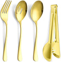 Large Gold Serving Utensils Set of 8, E-far Stainless Steel 9.8 Inch Serving Spoons Slotted Spoon, 9.9 Inch Forks, 9.4 Inch Tong for Buffet Catering, Mirror Finish & Dishwasher Safe