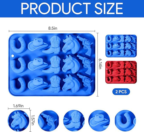 2 PCS Cowboy Chocolate Molds, Cowboy Hat, Boots, Saddle Shaped Cakesicle Molds Silicone, Western Party Theme, For Cupcakes, Cake Pops, Jellies, Chocolates, Candies(Blue,Red)