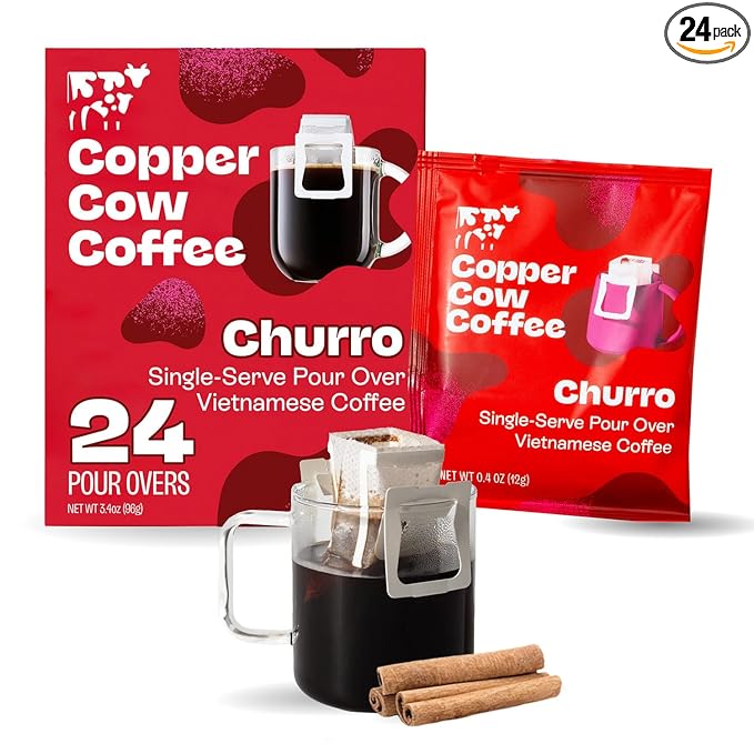 Copper Cow Coffee Premium Pour Over Single-Serve Vietnamese Coffee Pouches (24 pack) | Churro | Dark Roast | Flavored with Real Cinnamon | Convenient Vietnamese Ground Coffee Packets, Travel Friendly