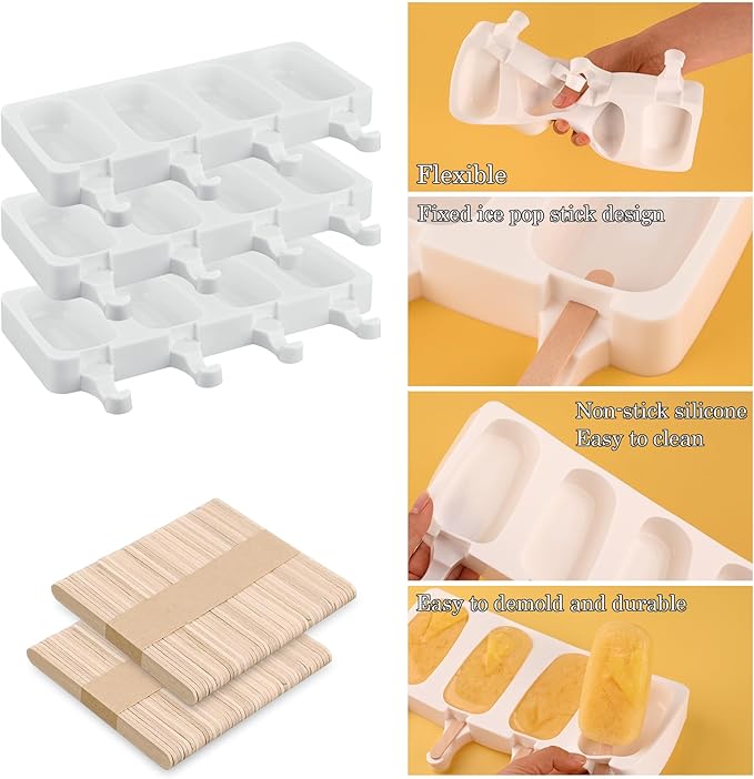 Sakolla Mini Popsicle Silicone Molds, 4 Cavities Homemade Ice Cream Molds with 100 Wooden Sticks for Ice Pop, Cakesicles, Cake Pop (Set of 3, White)