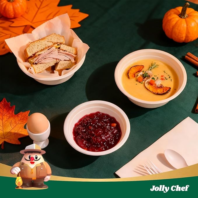 JOLLY CHEF Compostable Disposable Paper Bowl [16 oz] Heavy Duty Soup Containers [500 Pack] Biodegradable Bagasse Hot Cold Food Eco-Friendly Sugarcane Microwavable Bowls for Salad Milk Thanksgiving Day
