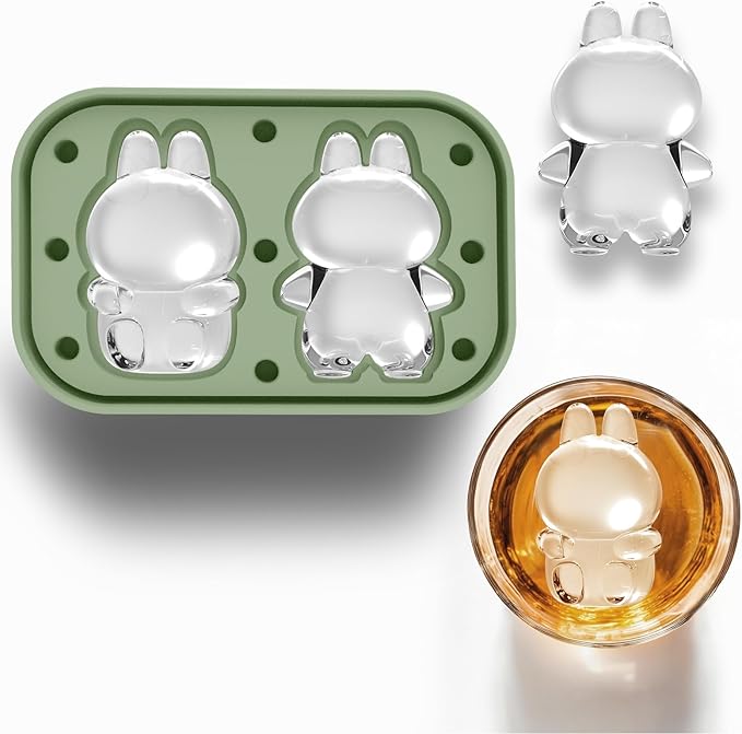 3D Rabbit Shapes Ice Cube Mold Silicone Large Ice Cube Molds 2.5 inch Animal Ice Cube Tray for Cocktails, Bourbon,Brandy, Whiskey Gifts for Men (Green)