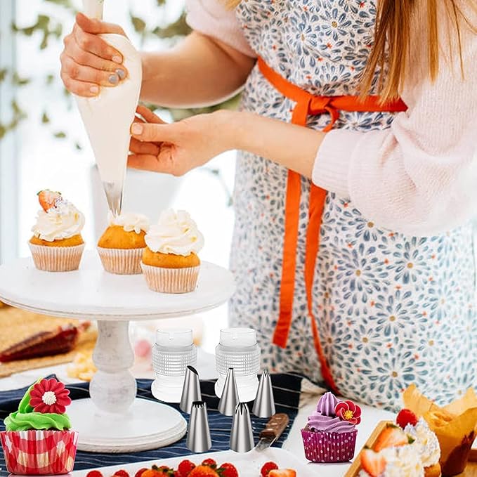 Reusable Cotton Piping Bags and Tips Set- GleeAnt Frosting Piping Kit for Baking 6pcs Large Stainless Icing Tips for Cake Decorating- Icing Bag,Coupler I Professional Cupcake Kit (9)