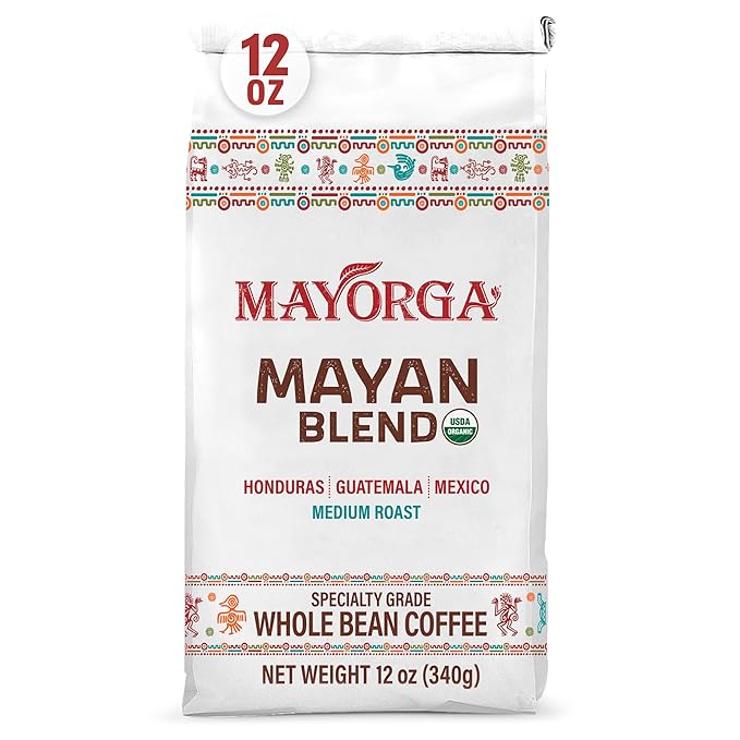 Mayorga Organic Coffee 12oz Mayan Blend - Medium Roast Whole Bean Specialty Grade Coffee, 100% Arabica, Slow Roasted, Chocolate and Floral Flavor with Low Acidity - USDA Organic, Non-GMO, Kosher