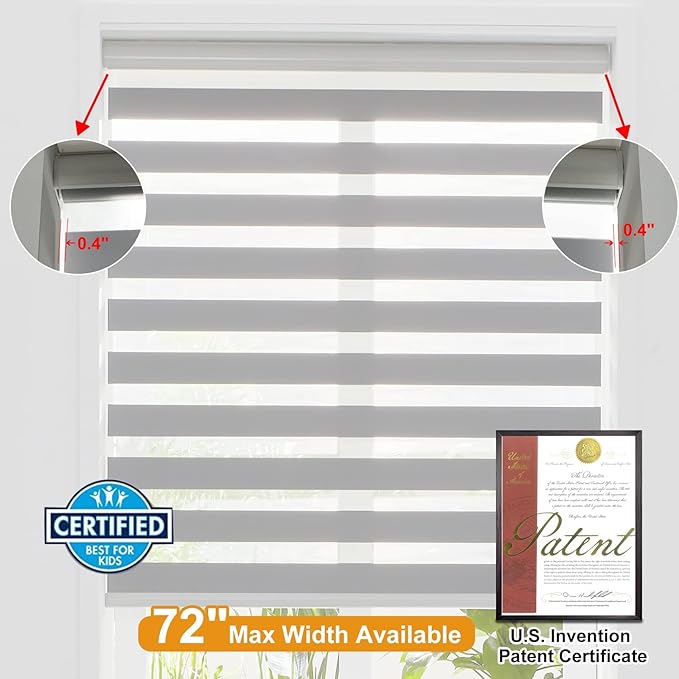 Persilux Cordless Zebra Blinds for Windows, Roller Shades for Windows (35.5" W x 72" H, Grey) Dual Layer Fabric for Day and Night,Room Darkening Shades for Home, Office, Bedroom and Living Room