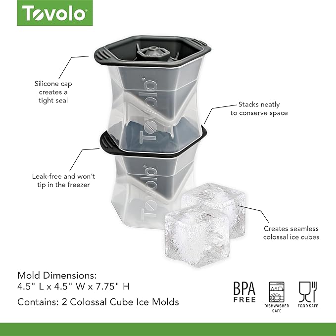 Tovolo Ice Cubes Mold Pack of 2 Large Craft Ice Molds for Whiskey Bourbon Cocktails, Easy Fill No Leak Silicone Ice Molds Gift for Him Stackable Dishwasher Safe BPA Free Heart Ice