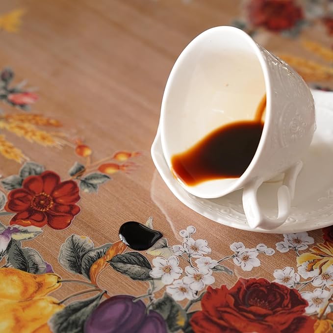 Clear Table Cover Protector Vinyl PVC Rectangle Table Cloth Oil Spill Proof Plastic Tablecloths for Dining Tables Parties Holidays (Floral Fruit, 60 x 120 Inches)