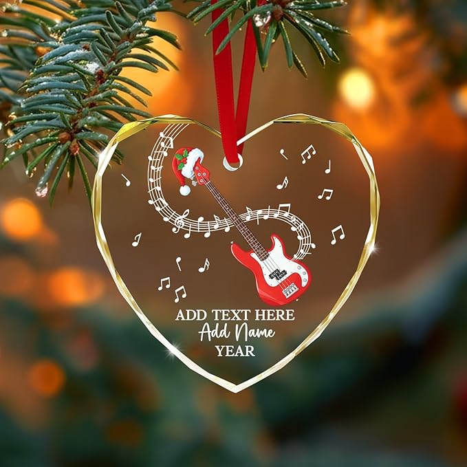 Personalized Bass Guitar Christmas Tree Glass Ornament, Bass Guitar Lovers Christmas Ornaments 2025, Custom Guitarist Xmas Ornament with Text Name & Year, Musical Instrument Players Gifts