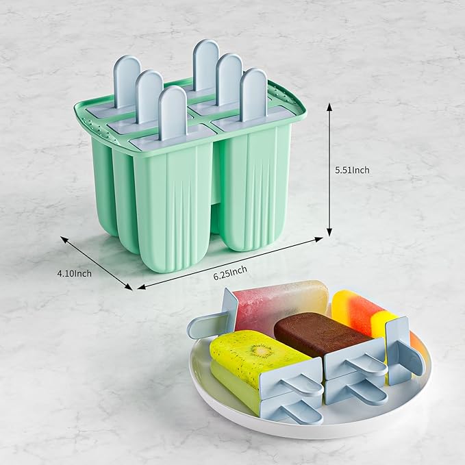 6 Pieces Silicone Popsicle Molds,Easy-Release BPA-Free,Ice Pop Mold Ice Cream Molds For Kids,With 6 PCS Plastic Stick+Cleaning Brush (Mint Green)