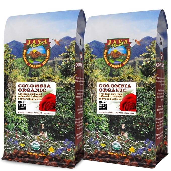 Low Acid Organic Coffee – Whole Bean, Mold-Free & Stomach Friendly by Java Planet, Colombian Single Origin, Medium Dark Roast, Smooth Full Flavored, 2x1LB Bag