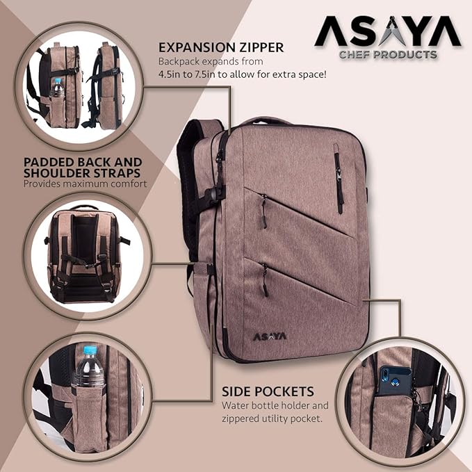 Asaya Chef Knife Backpack with 20 Pocket Knife Roll Bag - Over 30 Pockets for Knives - Knives Not Included (Brown)