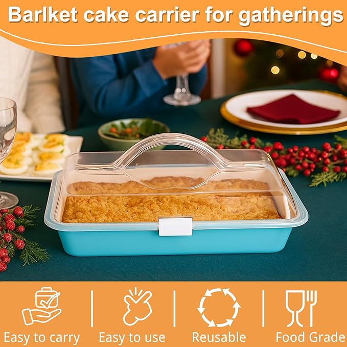 9x13 Baking Pan with Lid and Handle, Nonstick Cake Carrier with Locking Cover, Deep Oblong Bakeware for Brownies, Casseroles, and Travel, Blue and Beige