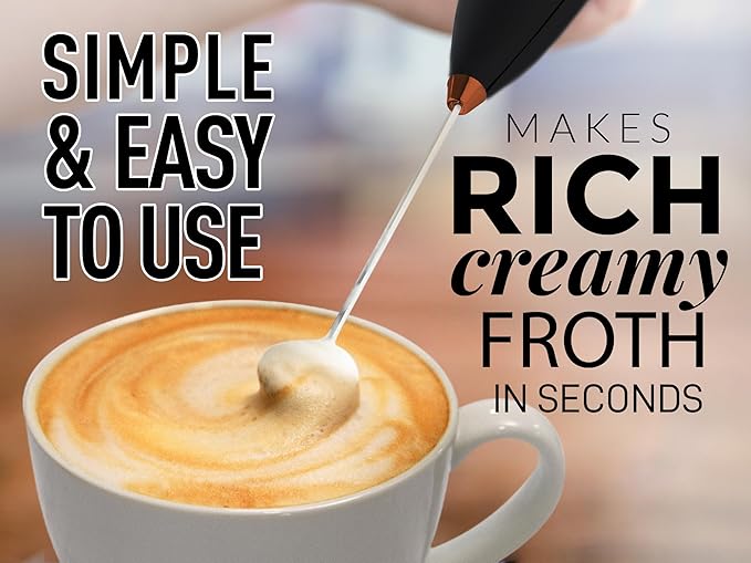 Zulay Milk Frother Wand – Handheld Electric Coffee Frother, Battery Operated Drink Mixer – 13,000 RPM Titanium Motor, Detachable Whisk, Easy Clean Foam Maker for Latte & Matcha – Exec Black n Copper