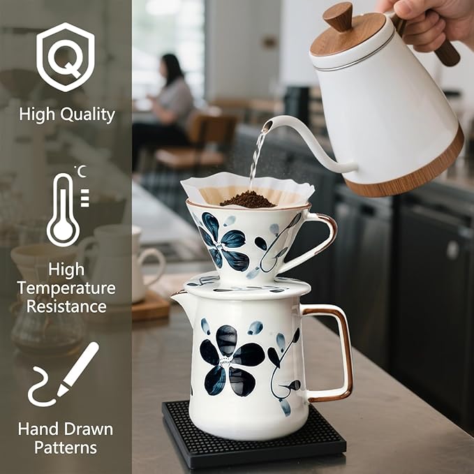 Ceramic Pour Over Coffee Maker Set, Ceramic Coffee Dripper with Single Hole, Coffee Pot & 100 Paper Filters for Home, Travel, Camping (1-4 Cup)