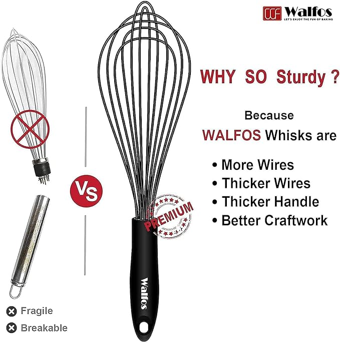 Walfos Whisk Silicone Whisks set, Non Scatch Coated Whisks for Cooking and Baking, Heavy Duty Set of 4 Kitchen Whisk - 11'' Flat Wisk and 7''+10''+12'' Balloon.