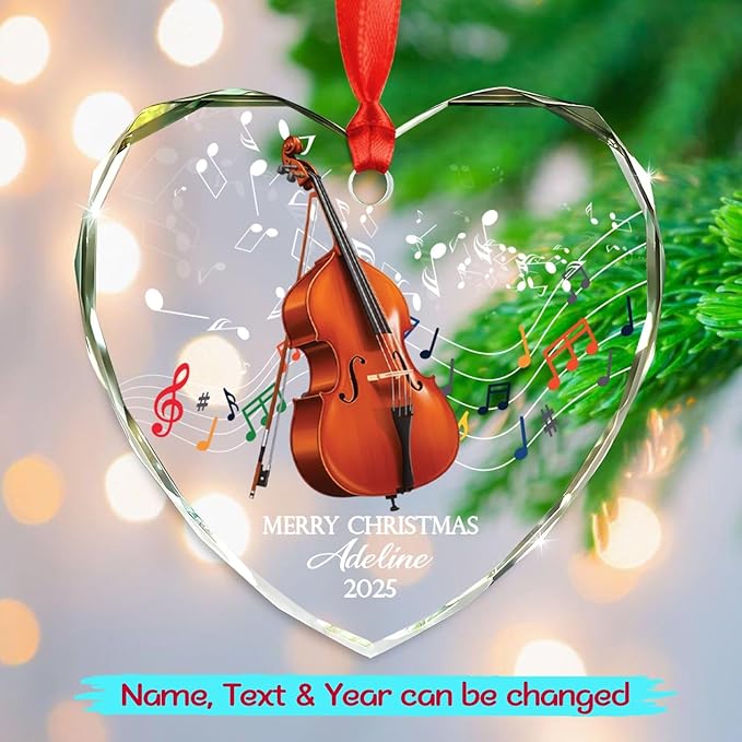 Personalized Contrabass Musical Instrument Glass Ornament, Customized Text Year Name Contrabass Player Ornaments Gift for Double Bass Lover Daughter Son, Best Double Bassist Glass Christmas Ornament