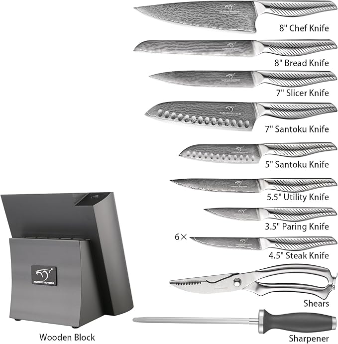 NANFANG BROTHERS® 16 Pieces Damascus Kitchen Knife Set, High Carbon Damascus Steel Chef Knife Set, Stainless Steel Ergonomic Handle for Chef, with Built-in Sharpening Rod