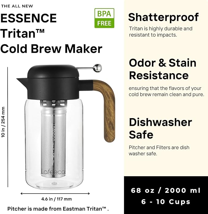 LAFEECA Iced Tea Maker and Infuser - Large Jug with Airtight Lid for Cold Brew - Stainless Dual Ultra Filter - Tritan Pitcher - 2000 ml / 68 oz - Black