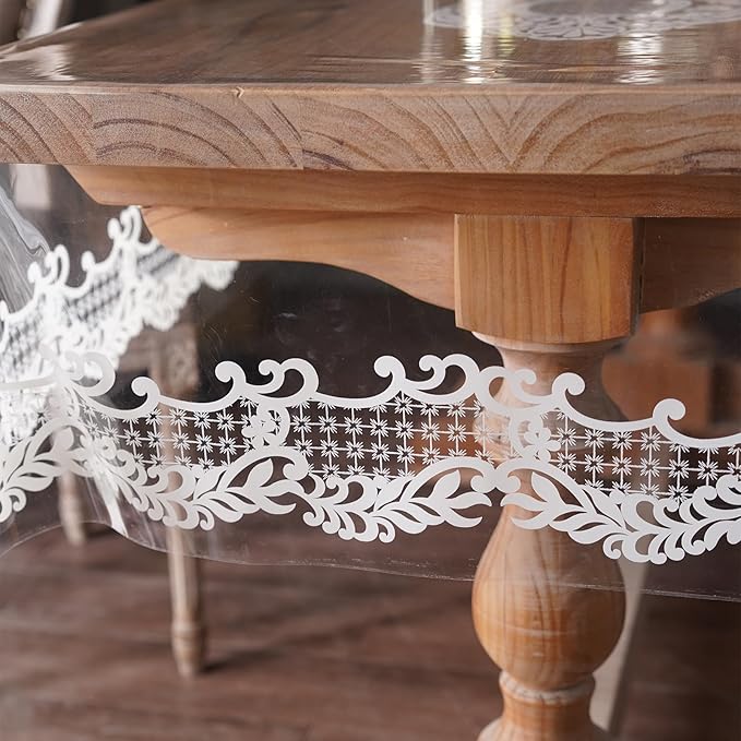 Rectangle Waterproof Clear Table Cover Protector Vinyl Table Cloth Oil Spill Proof Wipe Clean Lace Plastic Tablecloths for Dining Tables (White, 52 x 70 Inches)
