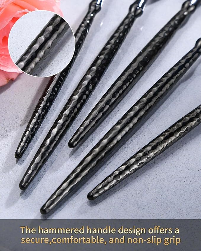 Lemeya 20-Piece Hammered Black Silverware Set,18/10 Stainless Steel Forging Heavy Duty Cutlery Set for 4, Luxury Unique Flatware Set,Spoons and Forks Set,Mirror Polished,Dishwasher Safe