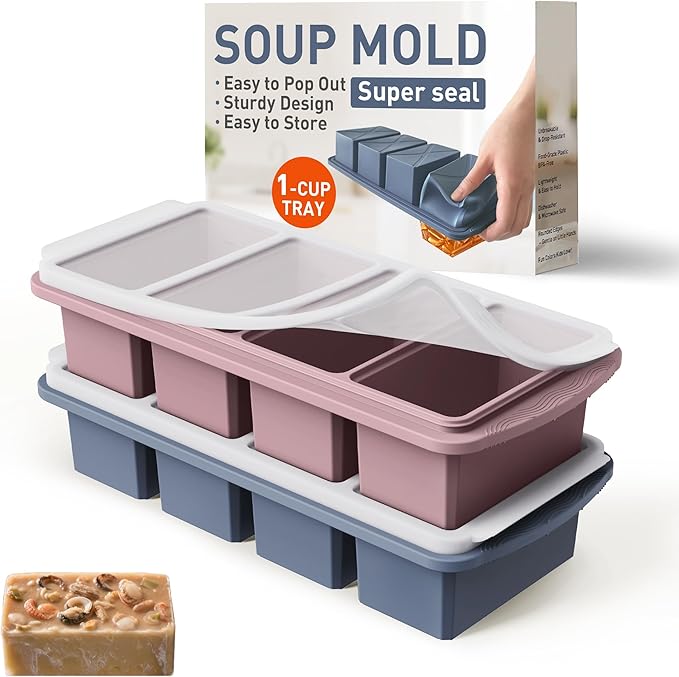 Silicone Freezer Tray with Lid Soup Freezer Container Molds with Steel Reinforced Rim Large Ice Cube Tray Makes 8 Perfect 1 Cup Portions Cubes Storage Food Meal Prep Containers Kitchen Mold