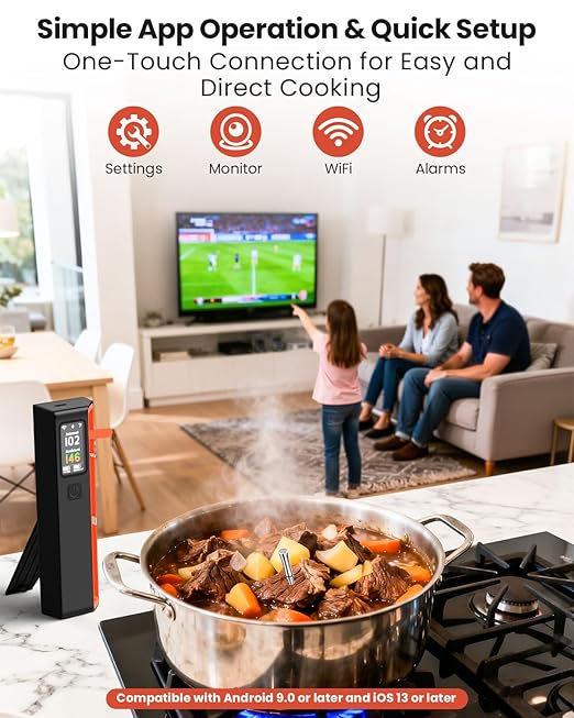 Smart Bluetooth Wireless Meat Thermometer with WiFi - High Accuracy ±0.5°F, 6 Sensors with NIST Certified Accuracy, Smart LED Base, Long-Range WiFi for BBQ, Grill, Smoker, Oven, Rotisserie