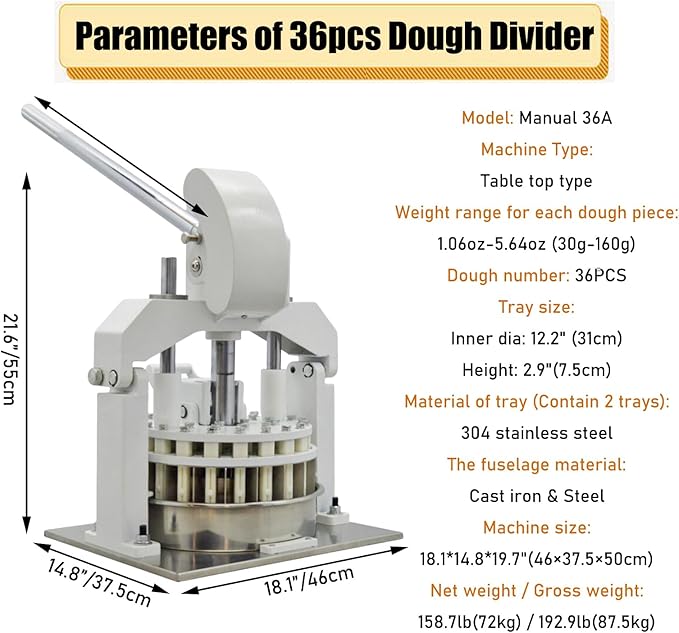 Manual Dough Divider Table Top Dough Dividing Machine 36PCS Dough Cutter Commercial Dough Dividing Machine Dough Baking Divider, 1.06oz-5.64oz, 36PCS