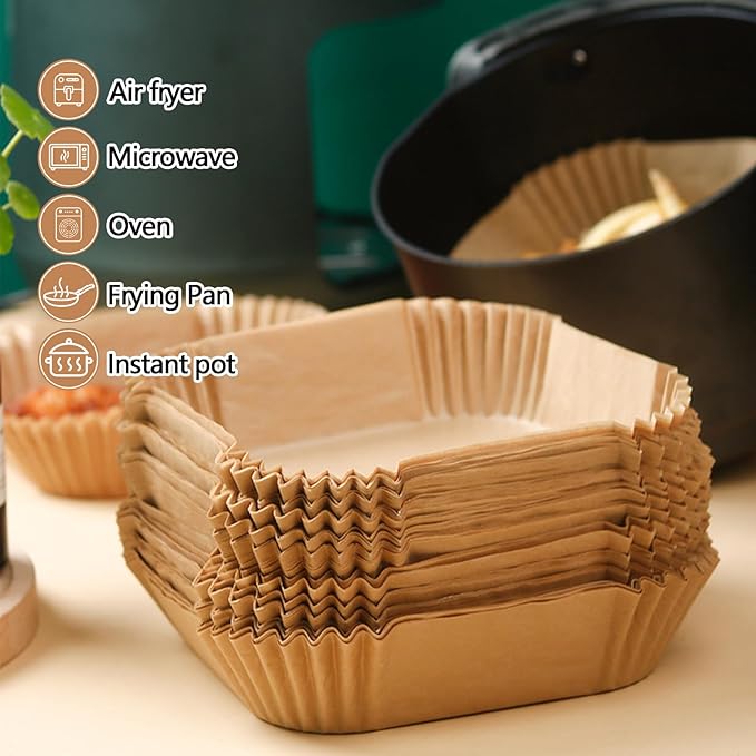 9 Inch Air Fryer Paper Liner Disposable, 200PCS Non-Stick, Oil-Proof & High-Temperature Resistant Square Baking Parchment Paper for Air Fryer, Microwave and Oven（Bottom Is 8 Inch）