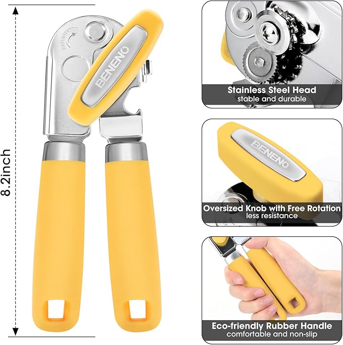 Beneno Heavy Duty Hand Can Opener Manual with Magnet, Durable Sharp Carbon Steel Blade Smooth Cutting, Big Effort-Saving Knob, Soft Grip Handle, Multifunctional Kitchen Tool with Bottle Opener, Yellow
