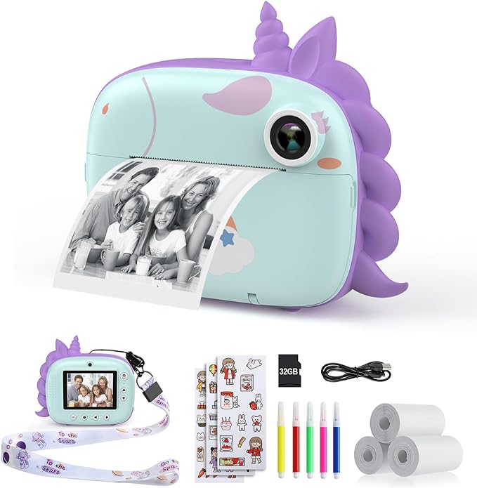 Kids Camera Instant Print, Selfie Digital Camara for Kids with Print Paper & 32G Card, 2.5K Video & Instant Print Camera with Color Pens for DIY, Fun Gift for Girls Boys 3-12 Years Old (Green)