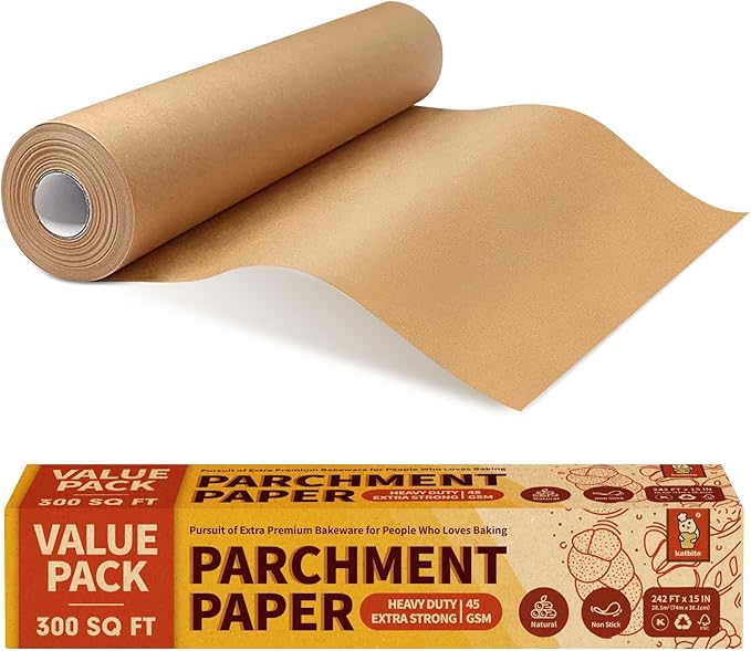 Katbite Unbleached Parchment Paper Roll, 15in x 242ft, 300 Sq.Ft, Non-Stick with Serrated Cutter for Baking, Cooking, Air Fryer