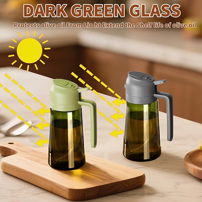 Olive Oil Dispenser and Oil Sprayer – 16oz/470ml Glass Light-Proof Oil Pourer for Kitchen, Air Fryer, Cooking, Salad, and BBQ