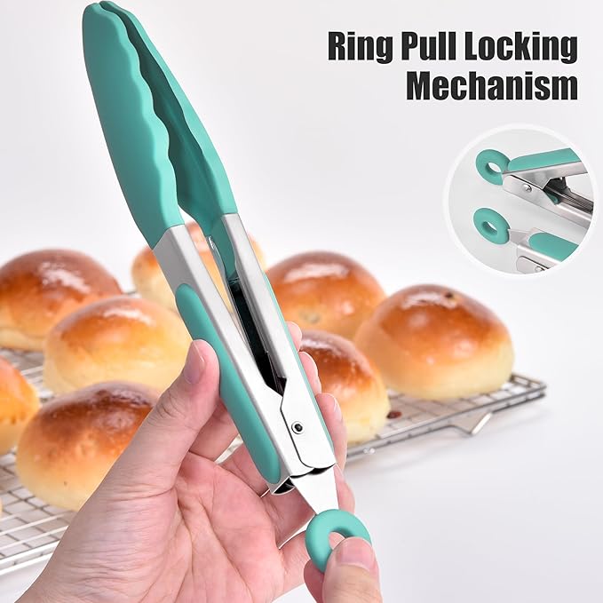 Doosu Kitchen Tongs for Cooking - 600°F Heat Resistant Food Tong with Non-Scratch Silicone Tips, Heavy Duty Stainless Steel Locking Tong for BBQ, Grilling Steak, Serving Salad, Pasta (7in, Aqua Sky)