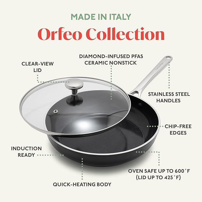 Orfeo 3QT Nonstick Saute Pan with Lid, Made in Italy, Diamond Ceramic PFAS-Free Cookware, Induction Ready, Scratch Resistant, Laser-Fused Surface for Durability, Dishwasher Safe, Black