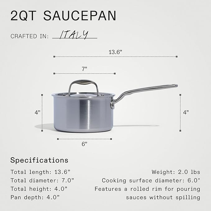 Made In Cookware - 2 Quart Saucepan with Lid - Stainless Clad 5 Ply Construction - Induction Compatible - Professional Cookware - Made in Italy