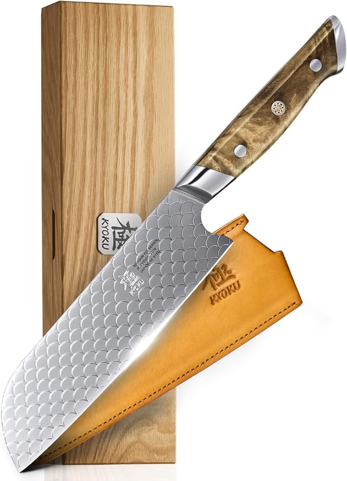 KYOKU 7" Santoku Knife with Non-Stick Koi Scale Pattern, Japanese VG10 Stainless Steel Chef Knife with Sheath & Gift Box, Shogun Koi Series Full Tang Professional Kitchen Knife with Camphorwood Handle