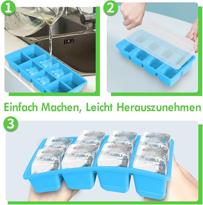 Large Ice Cube Molds 2 Pack, FURNSII Silicone Ice Cube Tray for Freezer with Lid, 8 Giant Square Cubes, Easy Release Stackable Ice Molds for Whisky Cocktails (Pink)