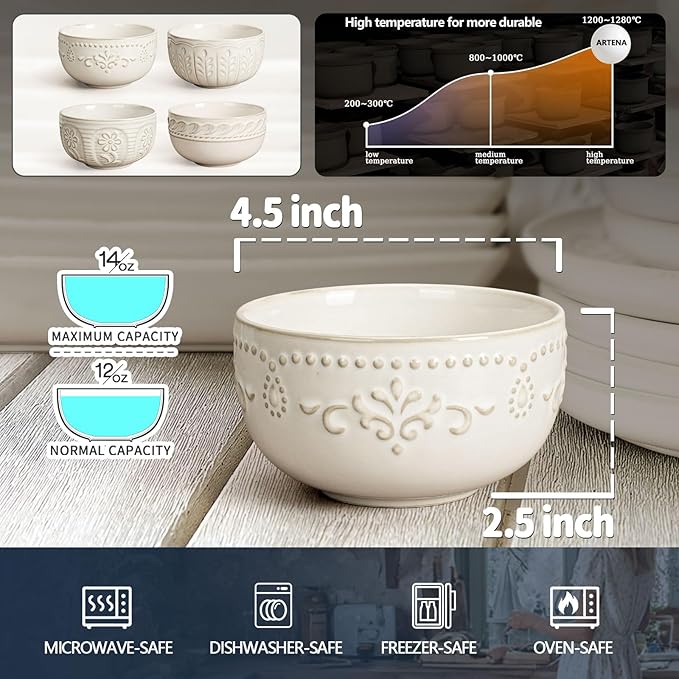 Artena Small Bowls Set of 4, 12 oz Ceramic Embossment Dessert Bowls, white Bowl for Kitchen, Ice Cream, Side Dishes, Rice, Cereal, Fruit, 4.5 Inch, Microwave & Dishwasher Safe, Damask Floral