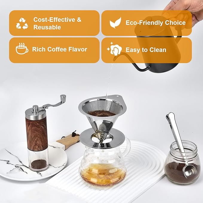 Pour Over Coffee Dripper Stainless Steel Reusable Filter Paperless Cone Coffee Maker Dripper for 1-2 Cup