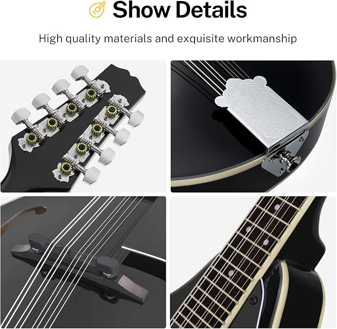 Donner A Style Mandolin Instrument Black Beginner Adult Acoustic Mandolin Musical Instrument Mahogany 8 String, Bundle With Tuner String Bag Guitar Picks, DML-100B