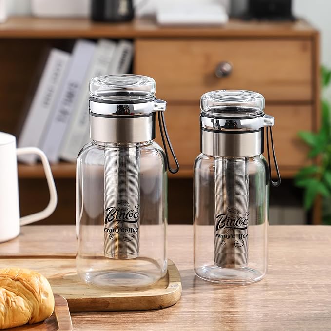 Glass Cold Brew Coffee Maker with Extended Fine Mesh Filter, Tea Infuser Bottle Iced Coffee Maker with Thick Borosilicate Glass (750ml/24oz)