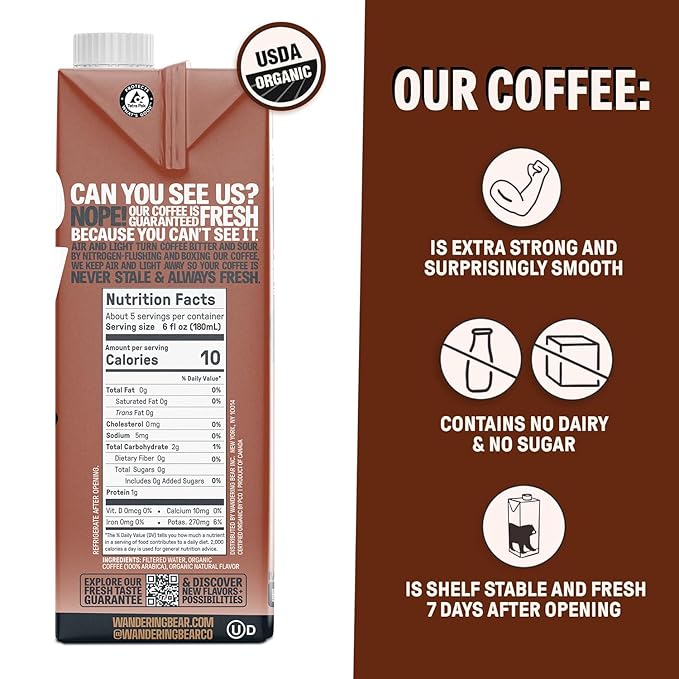 Wandering Bear Organic Cold Brew Coffee Variety Pack - Extra Strong, Bold, Smooth, Unsweetened, Shelf-Stable, Ready to Drink, Iced Cold Brewed Coffee Drink - 32 fl oz (3pk - Vanilla, Black, Mocha)