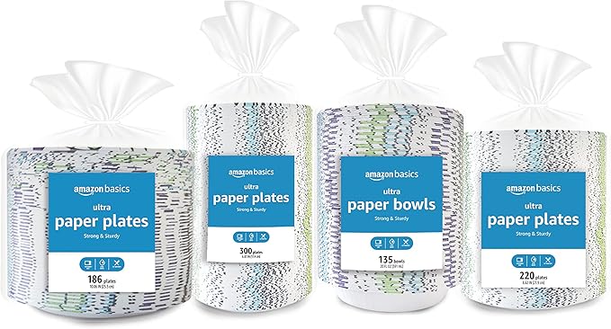 Amazon Basics Ultra Paper Plates, 8.62 Inch, Disposable, 64 Count