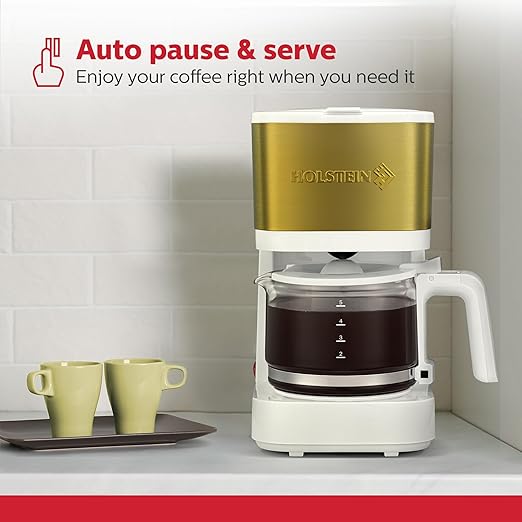 Holstein Housewares 5 Cup Coffee Maker – Compact Drip Coffee Machine with Auto Pause & Serve, Reusable Filter, Glass Carafe, Water Window & Warming Plate. White & Gold