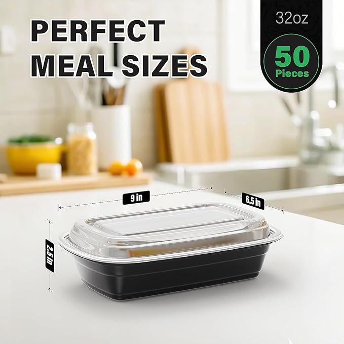 Meal Prep Container, 50 Pack 32 oz Food Storage Containers with Lids, Disposable Bento Box Reusable Plastic Lunch Box, BPA Free Take-Out Box Microwave Dishwasher Freezer Safe