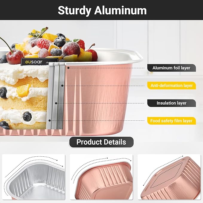 EUSOAR Disposable Ramekins, 50pcs 10oz Rose Gold Creme Brulee Ramekins Disposable Muffin Cups for Baking, Mini Cake Pans with Lids Loaf Bread Containers Cupcake Liners for Party Favor Birthday